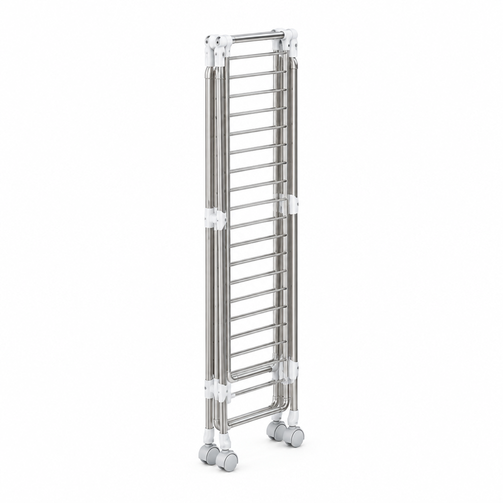 Clothes drying rack folded flat into a slim panel for compact storage