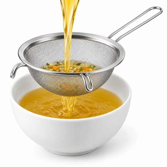 Fine mesh stainless steel kitchen strainer filtering vegetable broth into ceramic bowl on pure white background