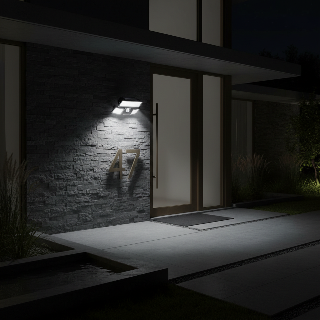 Solar Motion Sensor Wall Light installed beside a house entrance at night