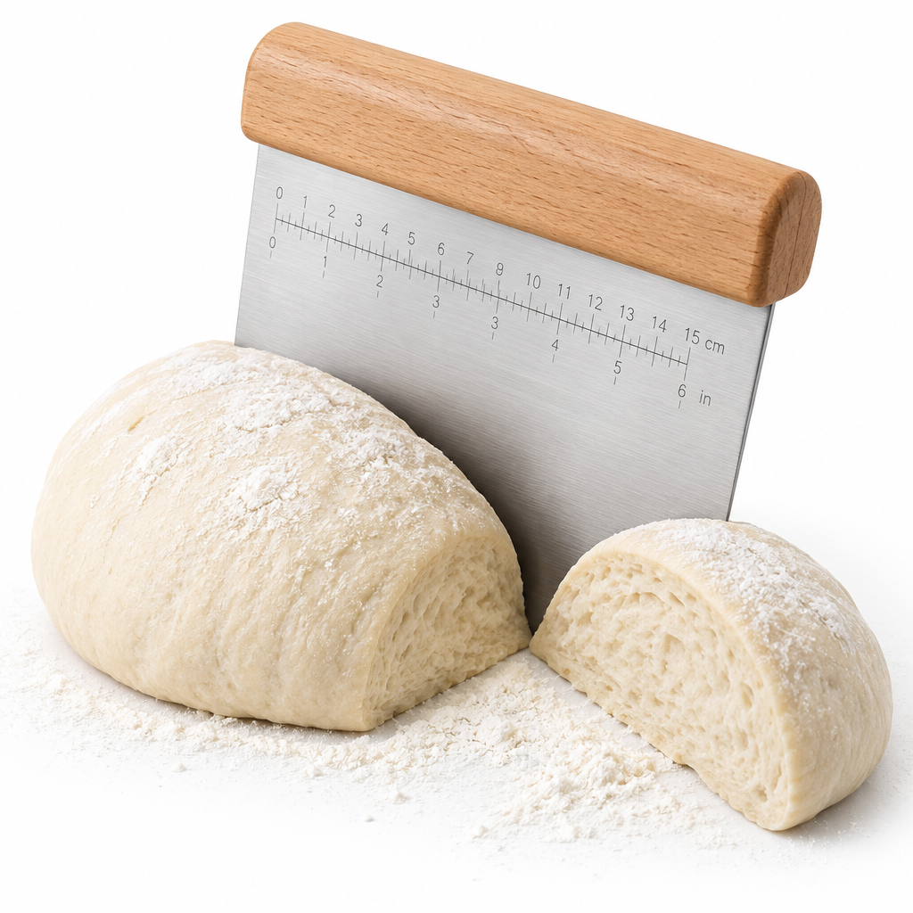 Stainless steel dough scraper with wooden handle cutting into fresh bread dough with flour on pure white background