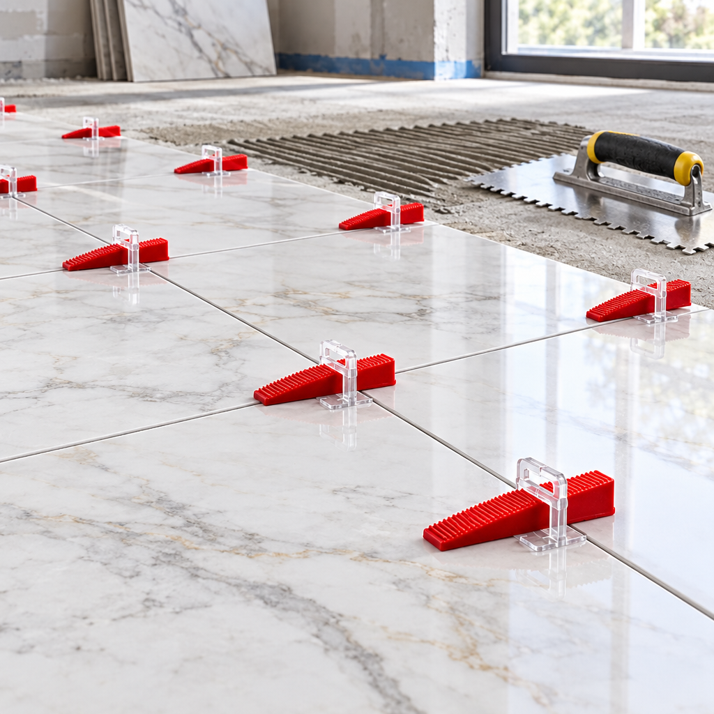 Tile leveling clips and red wedges installed along joints of large-format floor tiles ensuring flush surface without lippage