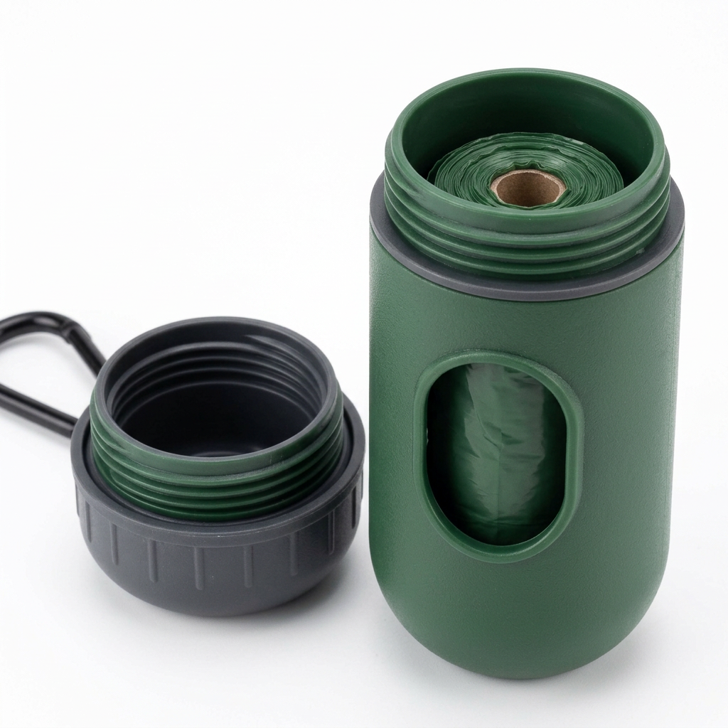 Macro close-up detail of unscrewed twist cap, screw threads, and inner chamber with bag roll loaded