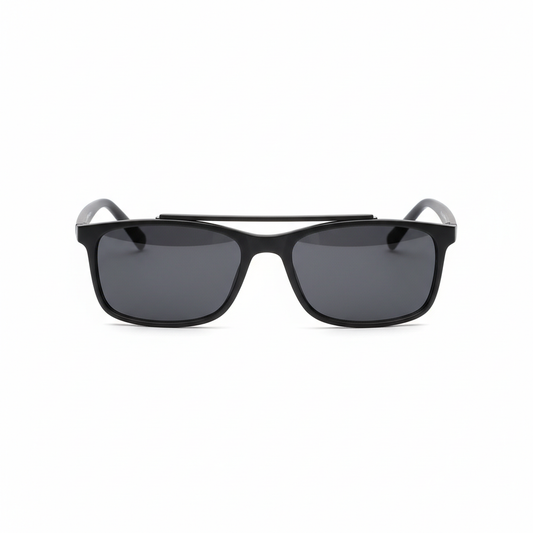 Multifunction reading glasses with magnetic clip-on sunglasses attached front view on white background