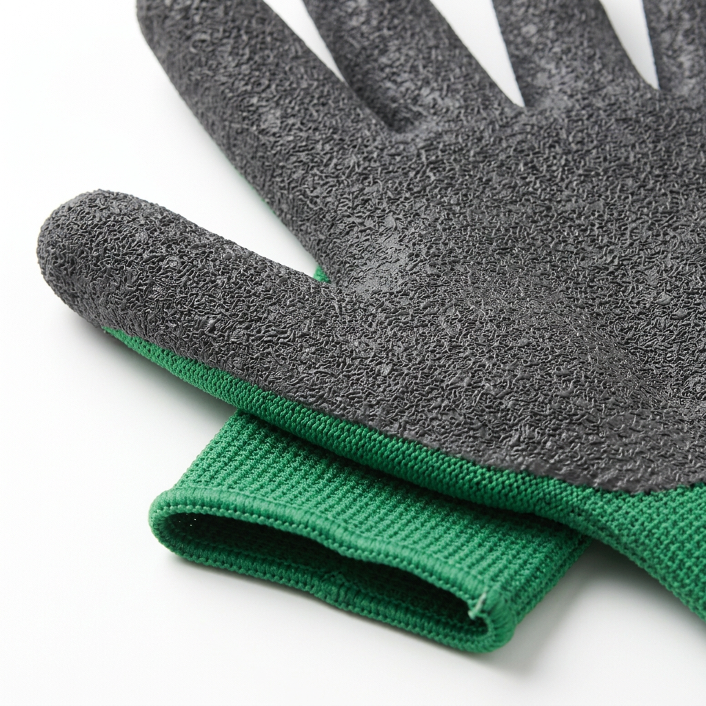 Macro close-up detail of gardening glove textured micro-foam charcoal grip coating, seamless green knit liner, and ribbed elastic cuff on pure white background