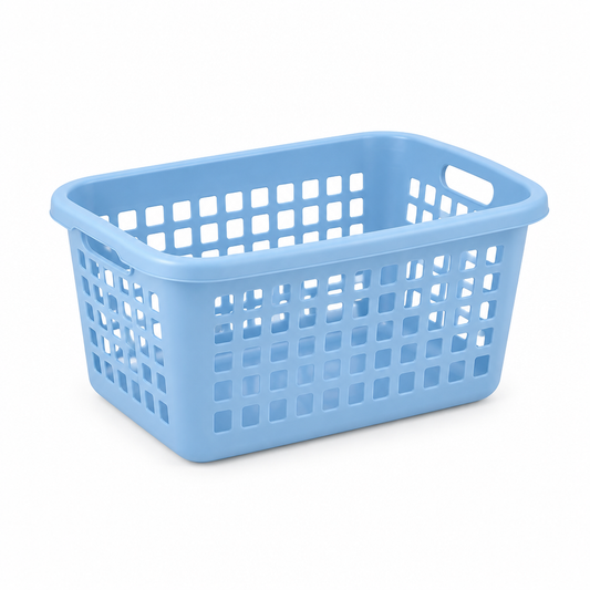Rectangular ventilated plastic laundry basket in soft pastel blue on a pure white background with comfortable margins