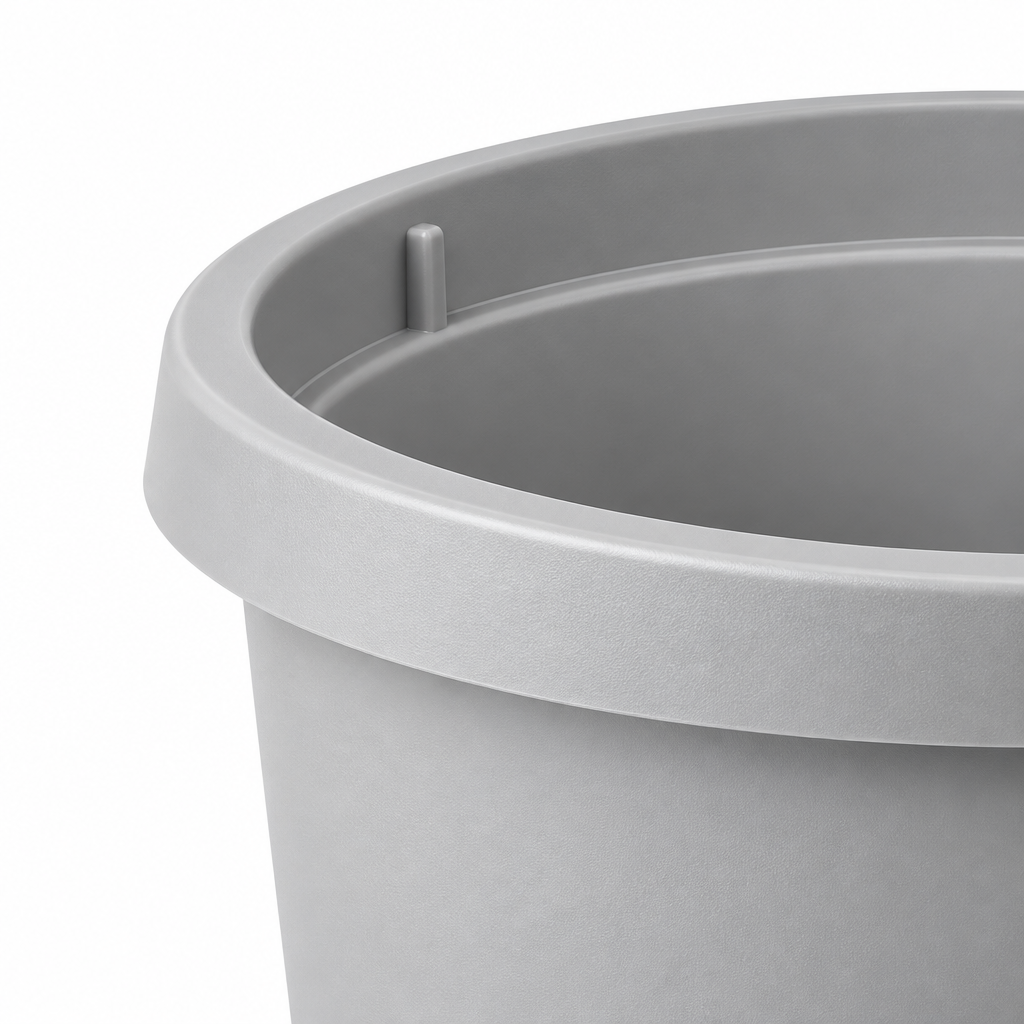 Macro close-up of plastic trash bin removable pressure ring and smooth rounded rim