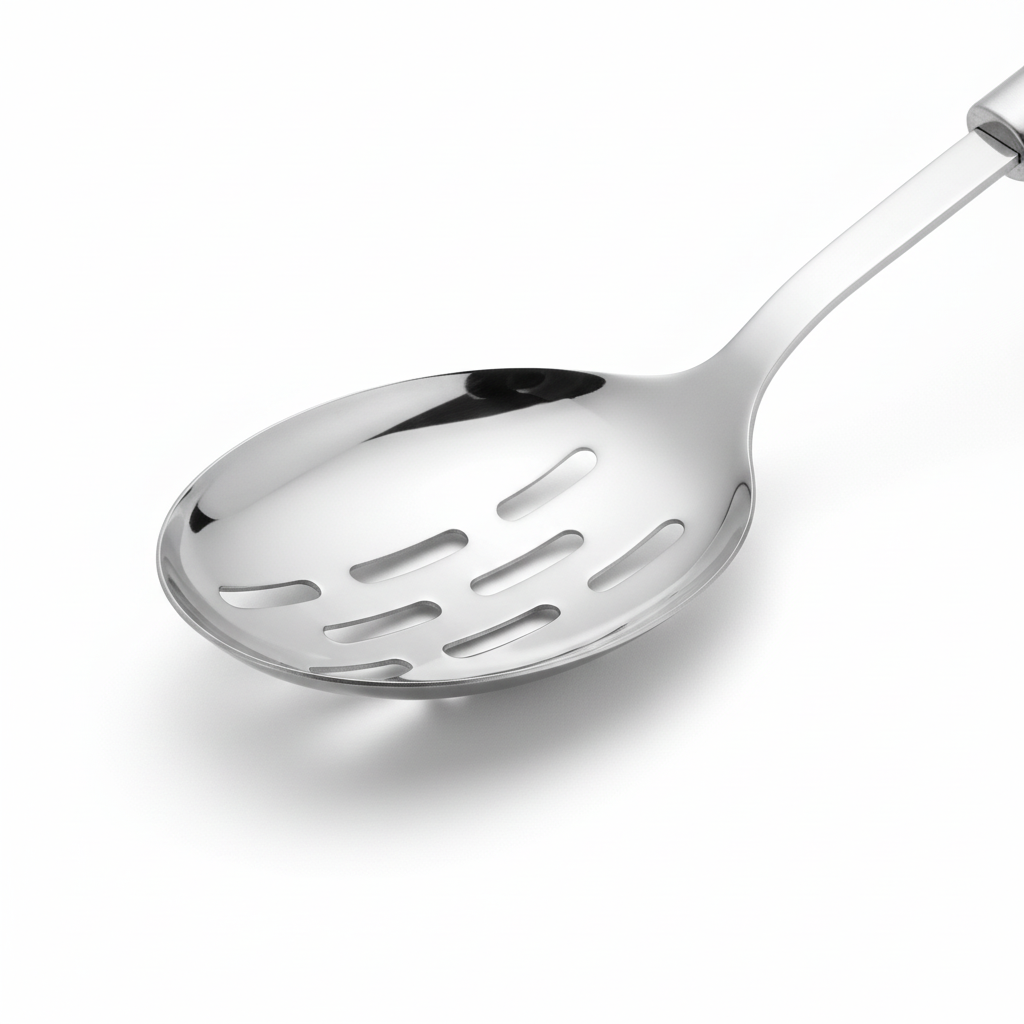 Macro detail of mirror-polished stainless steel bowl and elongated drainage slots