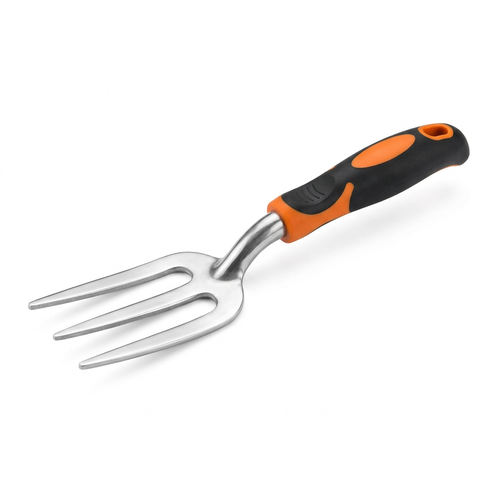Single unbranded polished cast aluminum garden hand fork with 3 flat tapered tines and ergonomic black and orange handle on pure white background