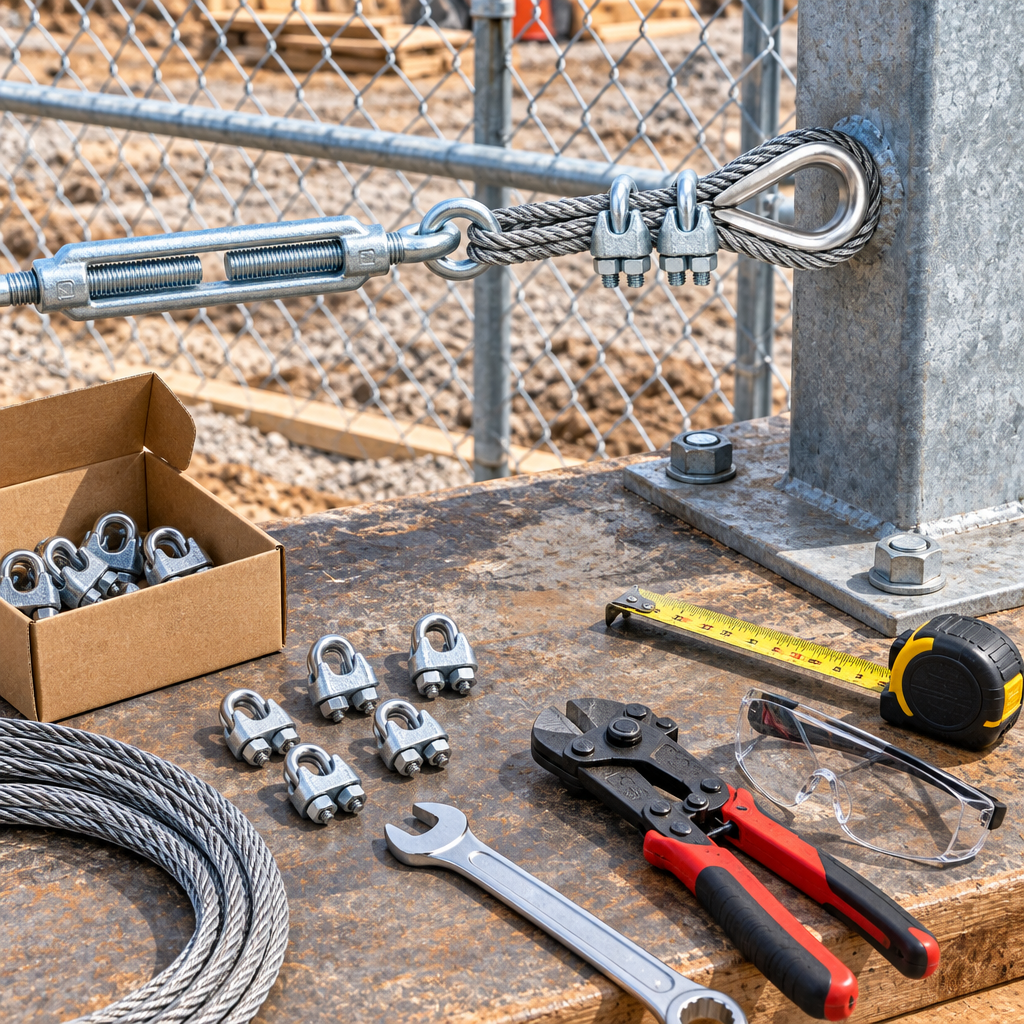 Wire rope loop termination fastened with two zinc wire rope clips along a steel barrier post with turnbuckle and cable cutters nearby