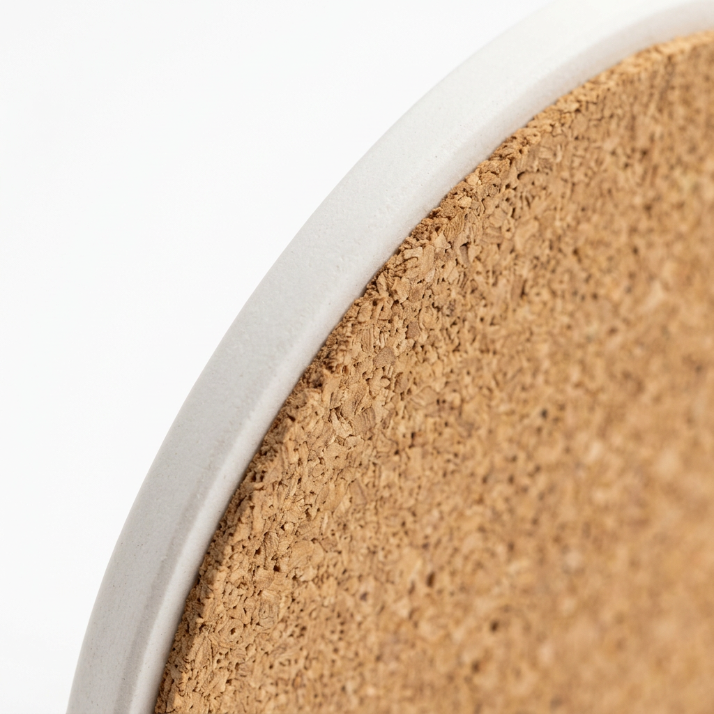 Detail close-up of promotional coaster showing 4mm cross-section, absorbent surface, and cork backing on white background