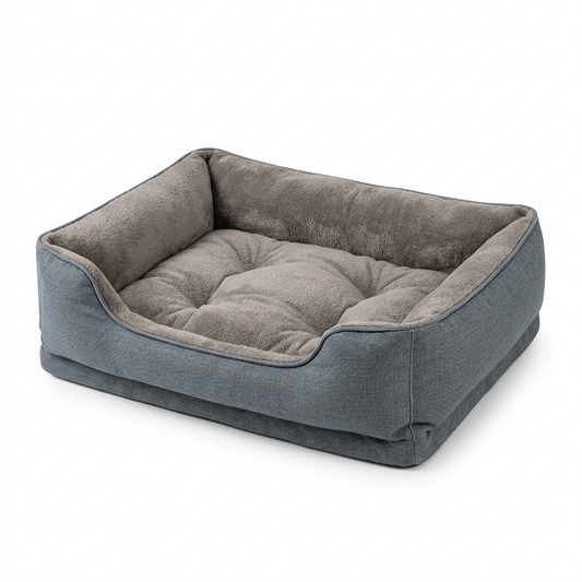 Bolster dog bed with raised cushioned perimeter sides and soft central sleeping surface on pure white background