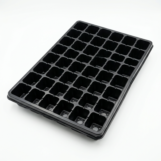 Single complete black plastic seedling starter tray showing uniform 72-cell grid layout and drainage holes on pure white background
