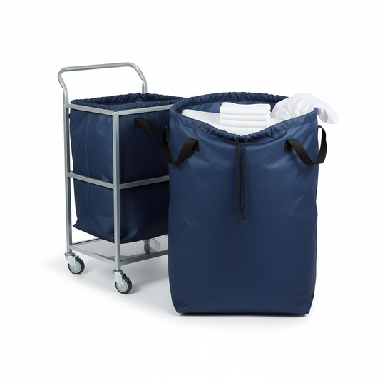 Navy blue hotel housekeeping laundry bag with reinforced trolley loops, drawstring closure and white linens on white background