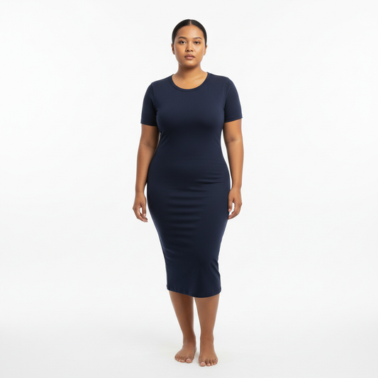 Indonesian woman navy bodycon dress standing