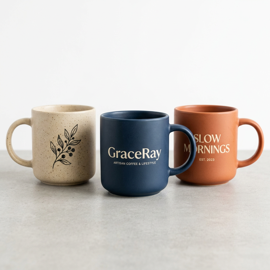 Custom branded ceramic mugs featuring original logos and illustrations for retail merchandise.