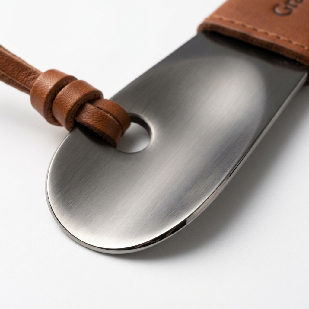 Detail close-up of compact shoe horn curved insertion edge and leather lanyard knot on white background