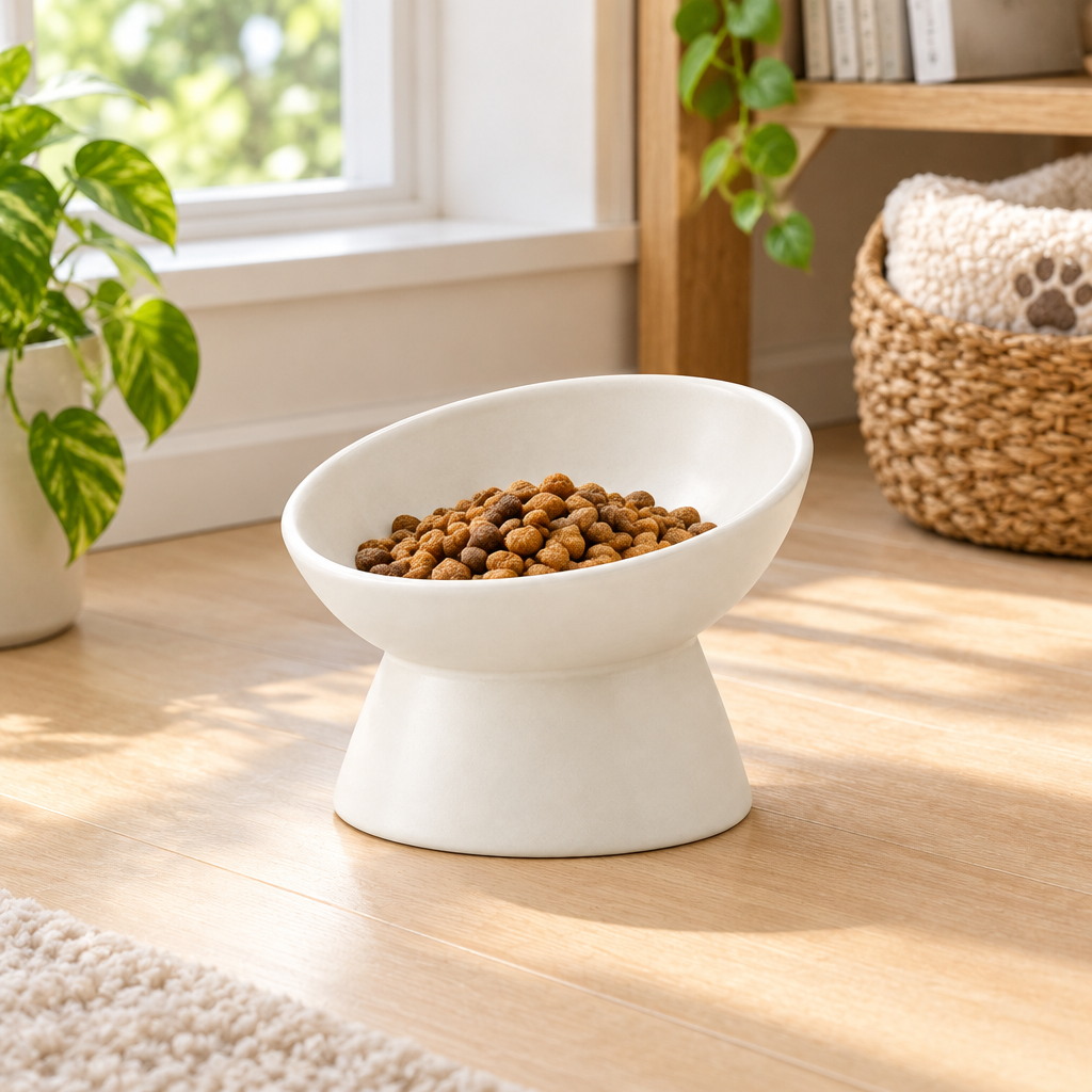 Tilted shallow cat feeding bowl with dry food on home hardwood floor