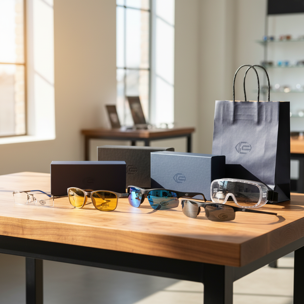 Functional eyewear collection displayed in showroom beside gift boxes and bags