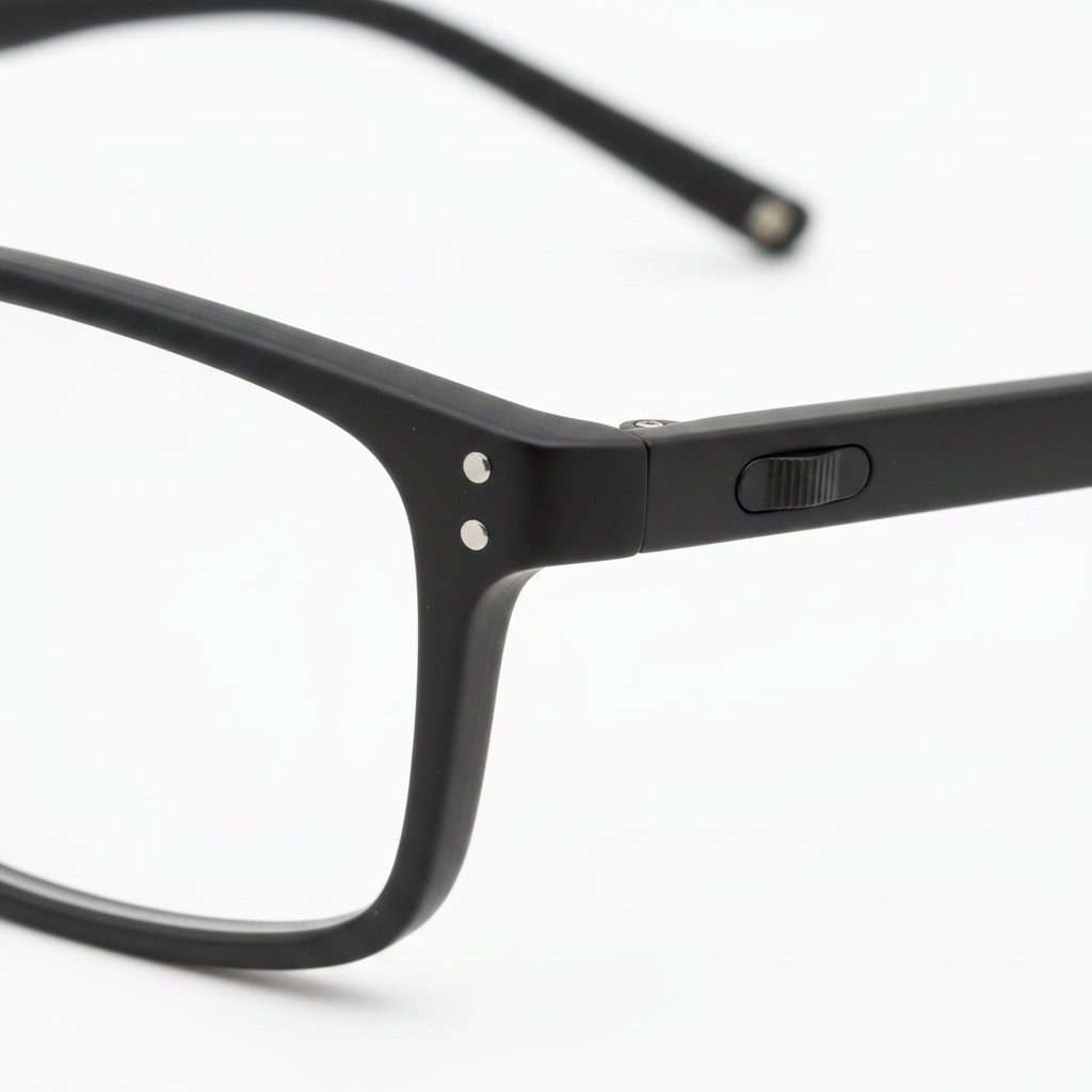 Macro detail of integrated micro-LED emitter lens and power switch on glasses temple