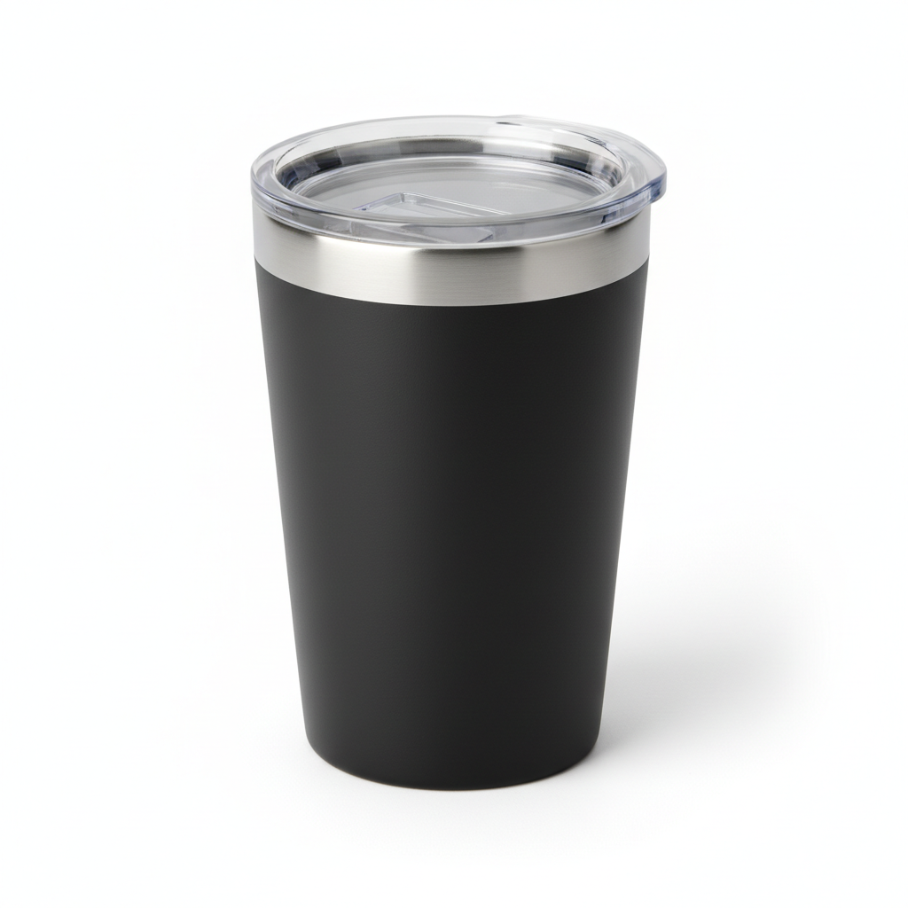 Matte black stainless steel coffee tumbler with clear slider lid on pure white background