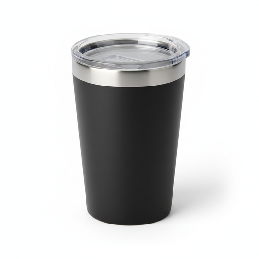 Matte black stainless steel coffee tumbler with clear slider lid on pure white background
