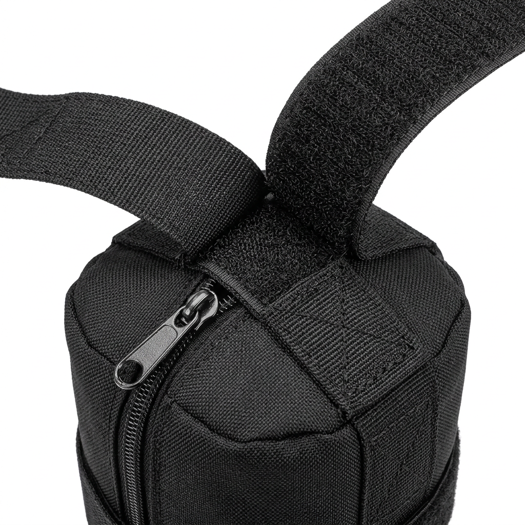 Close-up macro detail of canopy weight bag top zippered filling opening and wide hook-and-loop wrap-around fastening strap