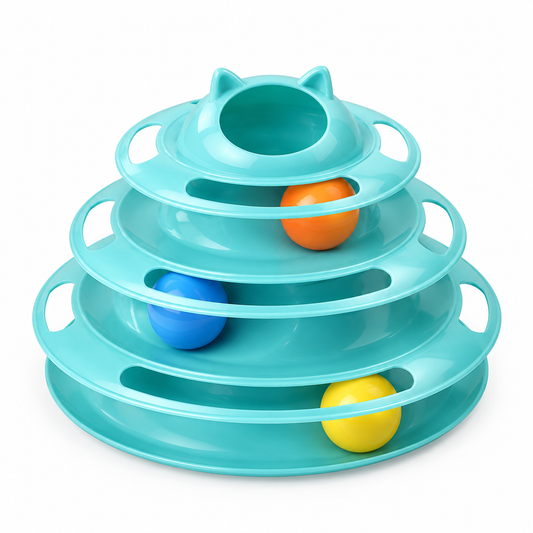 Three-tier turquoise cat track ball toy tower with captive balls and cat-ear top opening on pure white background