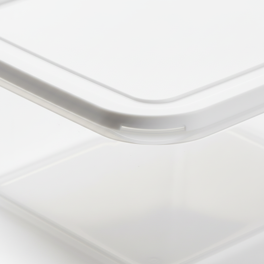 Macro detail of white lid corner thumb tab and sealing edge on pure white background