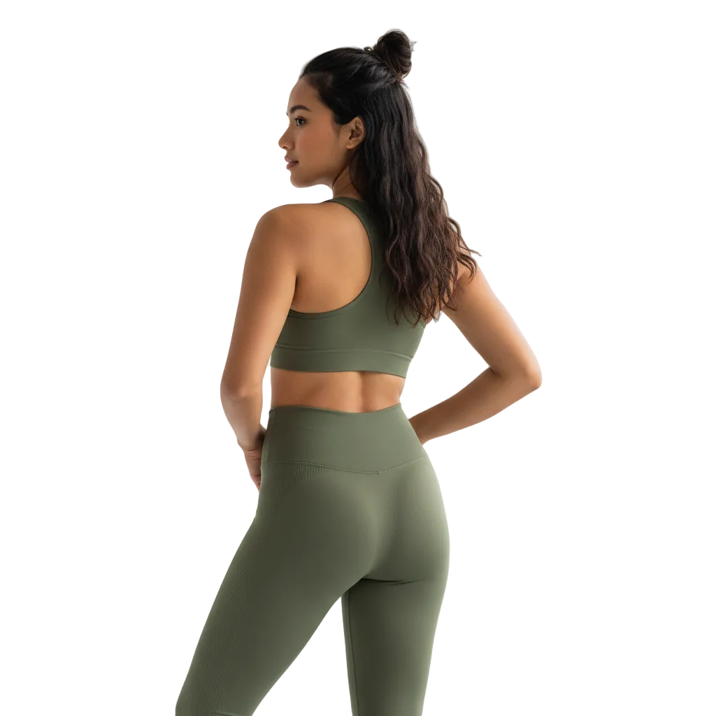 Filipino model wearing olive green seamless yoga leggings back view