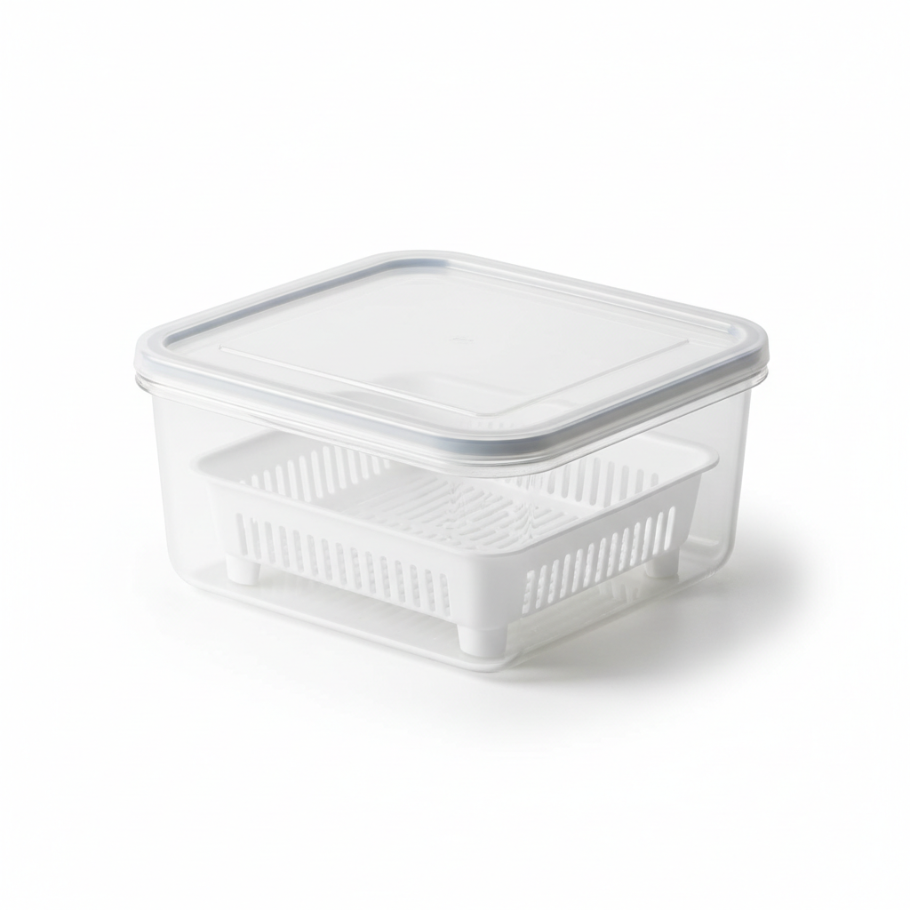 Refrigerator food storage box with removable white drain tray on pure white background