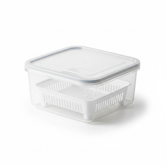 Refrigerator food storage box with removable white drain tray on pure white background