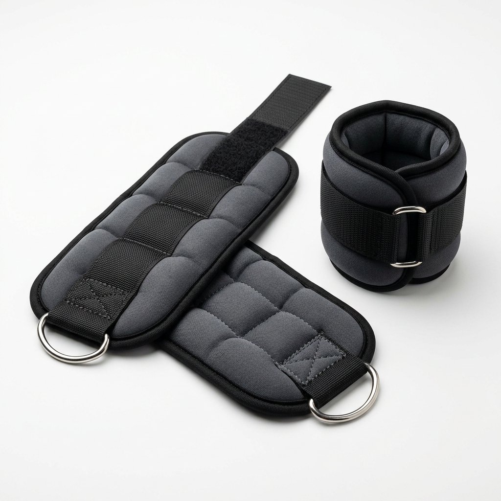 Pair of wearable ankle and wrist weights with fastening straps for exercise.