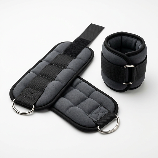 Pair of wearable ankle and wrist weights with fastening straps for exercise.