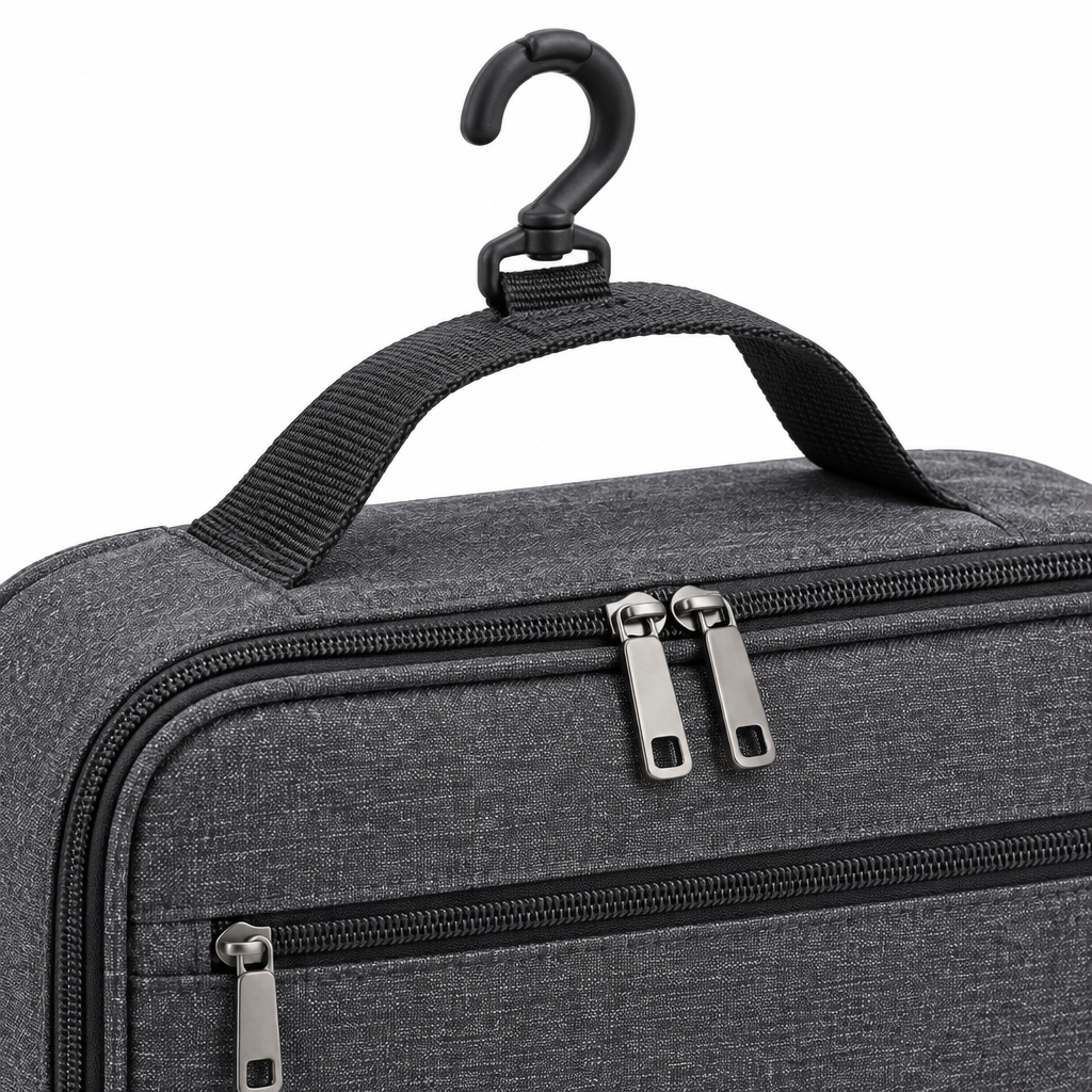 Close-up of the travel toiletry bag 360-degree swivel hanging hook, two-way zipper pulls, and woven handle