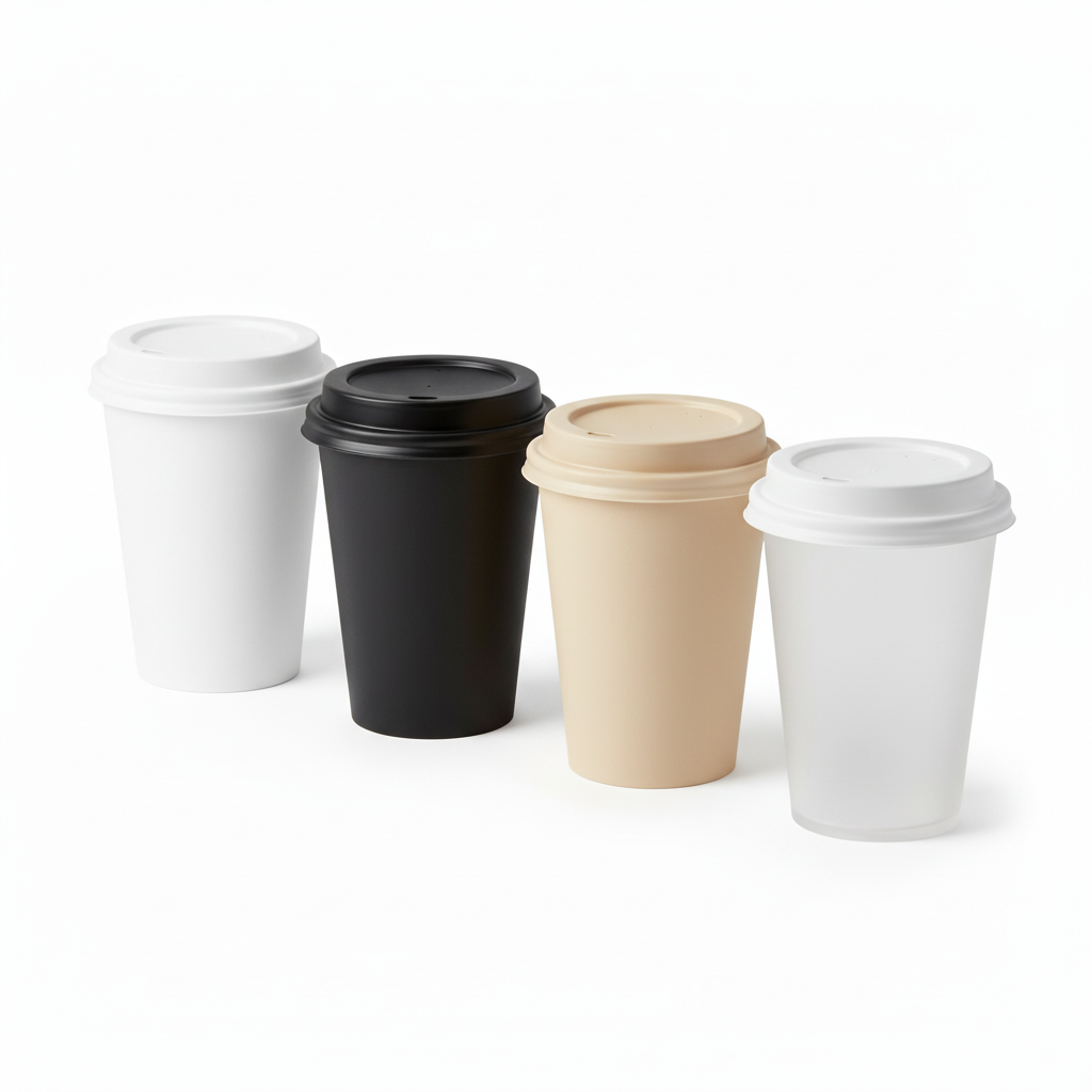 Reusable plastic coffee cups in neutral colors on pure white background