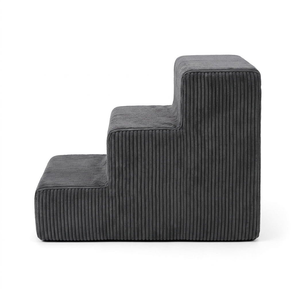Pet stairs for dogs and cats side profile showing three distinct steps, height, depth, and dark-grey corduroy cover on pure white background