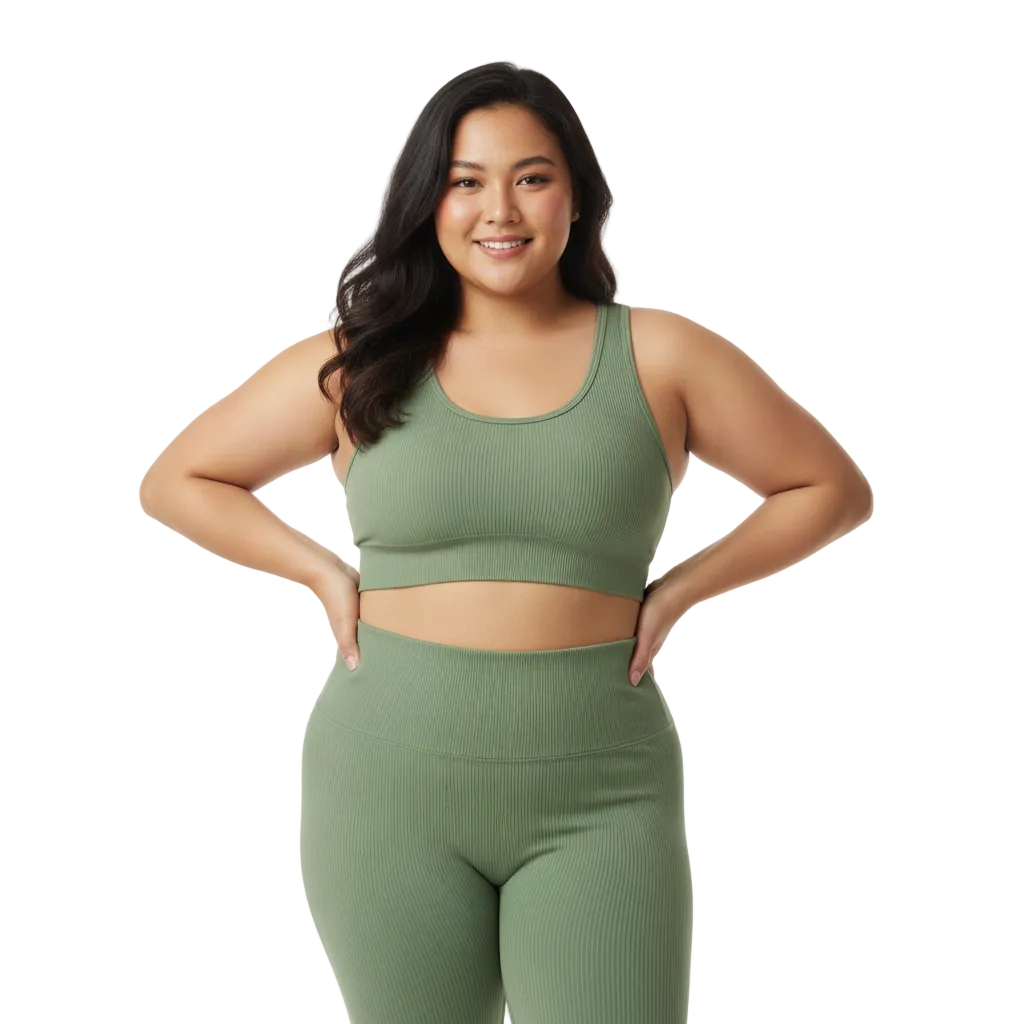 Indonesian model wearing sage green ribbed yoga leggings front view