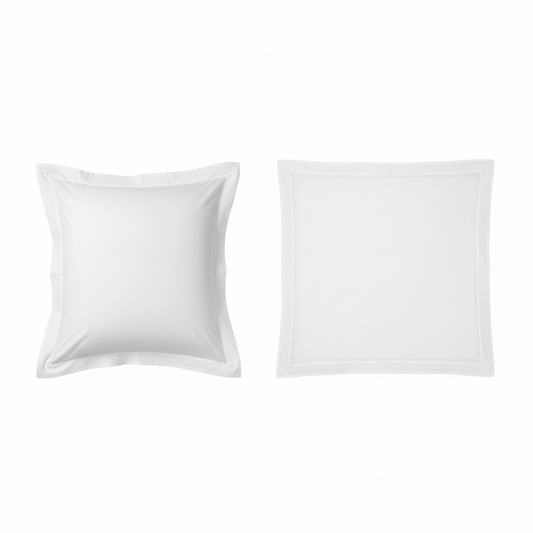 White hotel Oxford pillowcase with 5cm flat fabric border shown on plump pillow and flat-laid to display full border construction on white background, structured commercial hospitality bed linen
