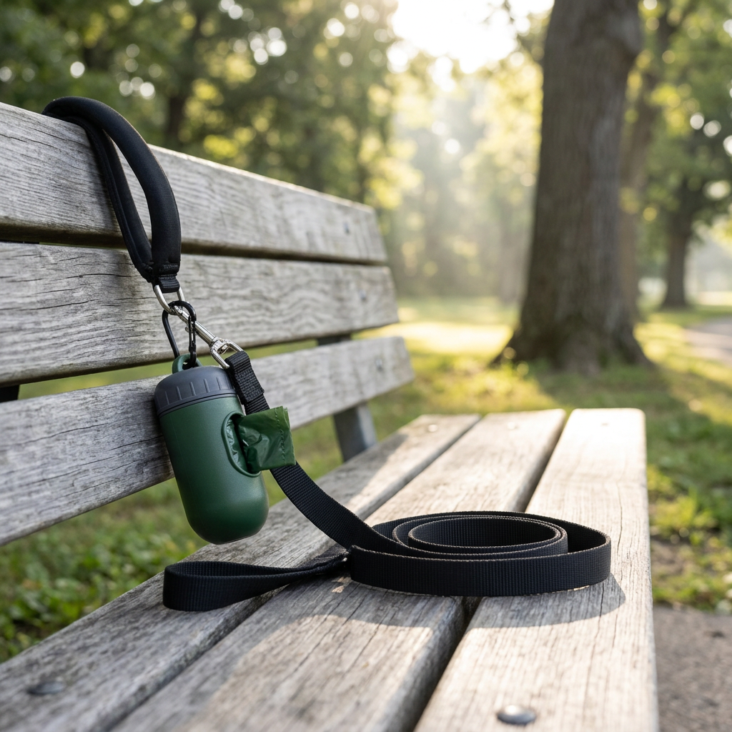 Dog waste bag dispenser clipped securely via carabiner to a black nylon dog leash on a park bench