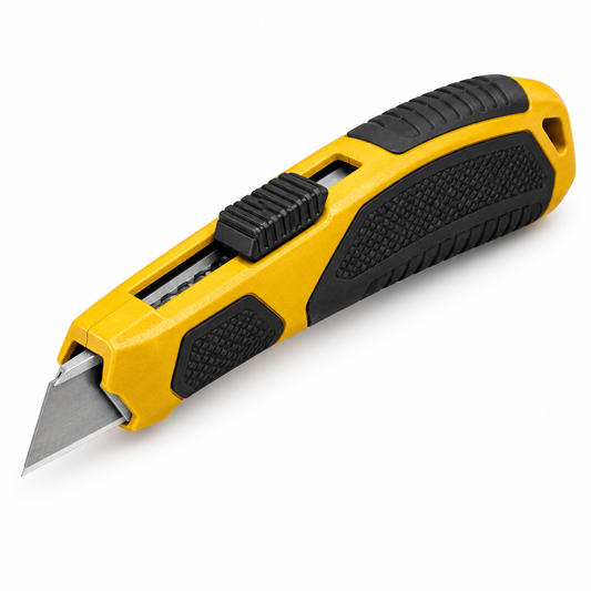 Heavy-duty die-cast zinc alloy retractable utility knife in yellow and black with partially extended SK5 carbon steel trapezoid blade on a seamless pure white background