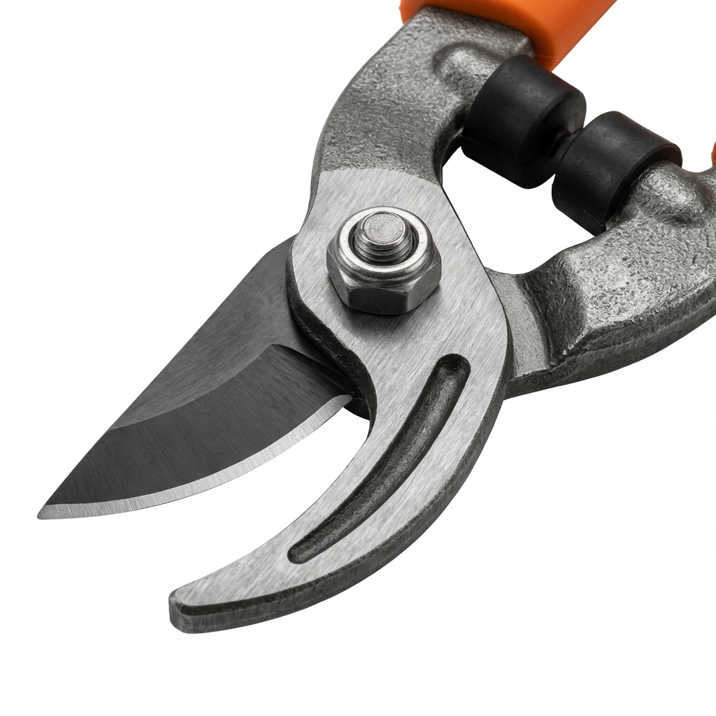 Macro close-up detail of forged high-carbon steel loppers cutting blade, hooked counter-blade with sap groove, heavy pivot bolt, and rubber bumpers