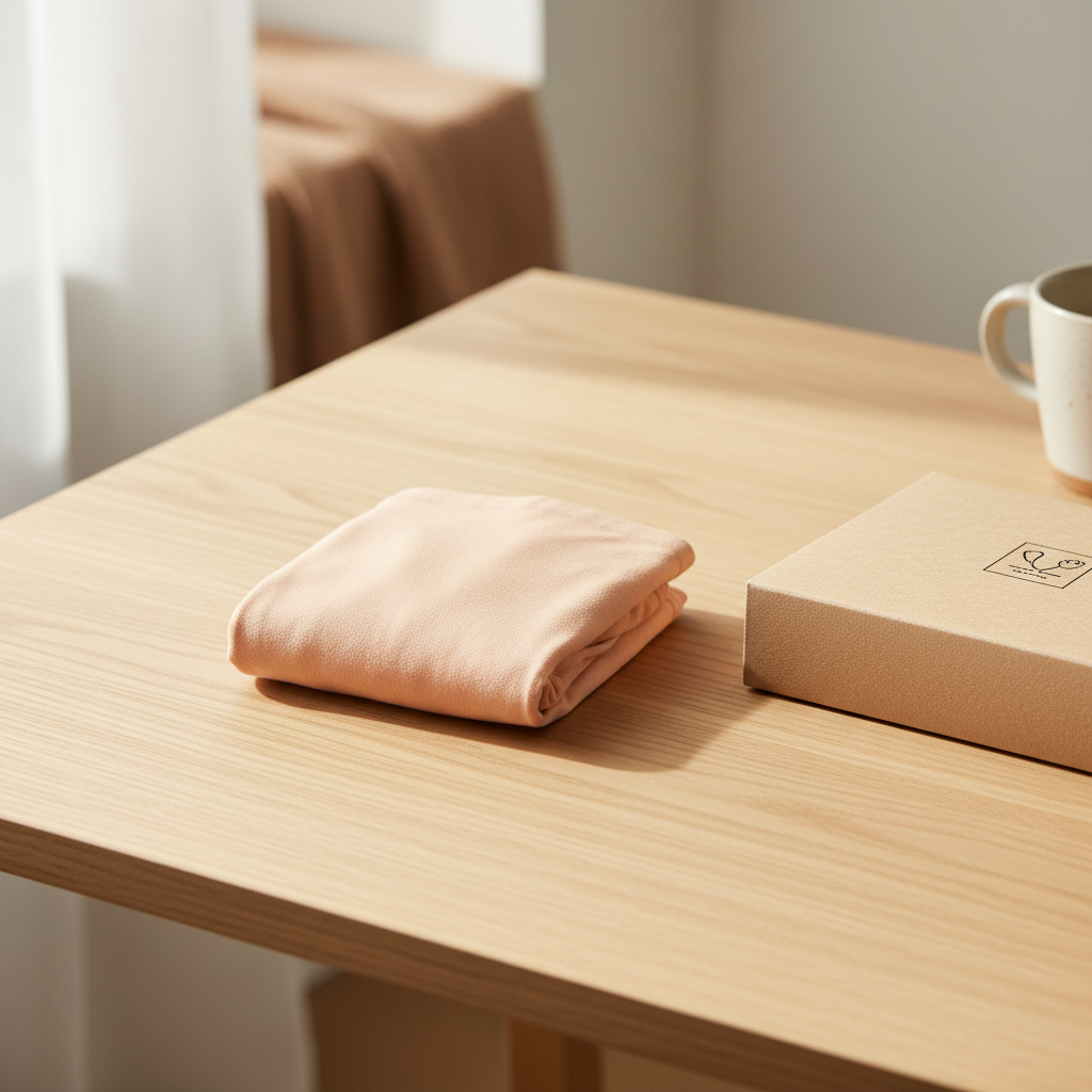 Lifestyle view of full coverage cotton briefs folded on a clean wooden table