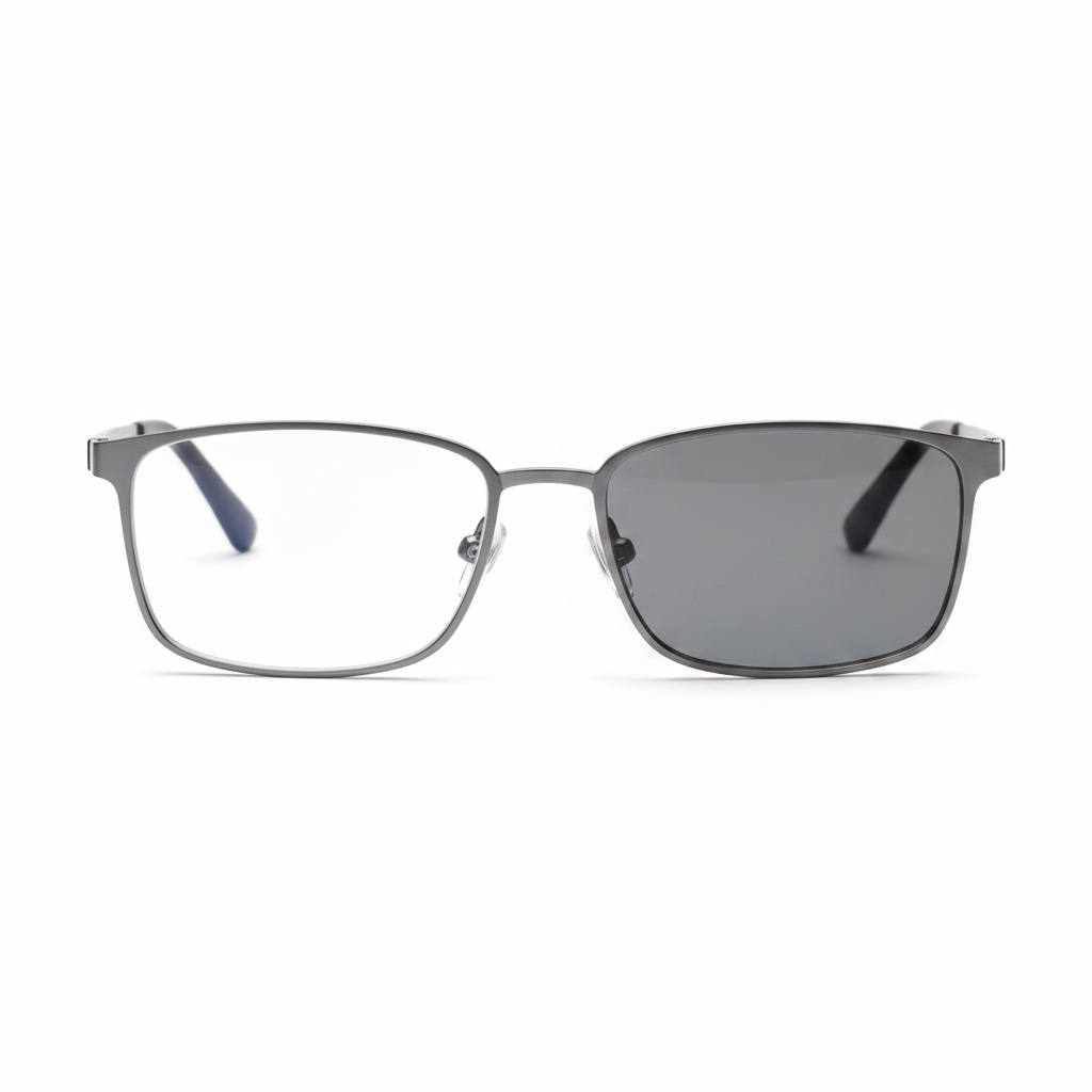 Demonstration of photochromic transition from clear to dark tint on reading glasses