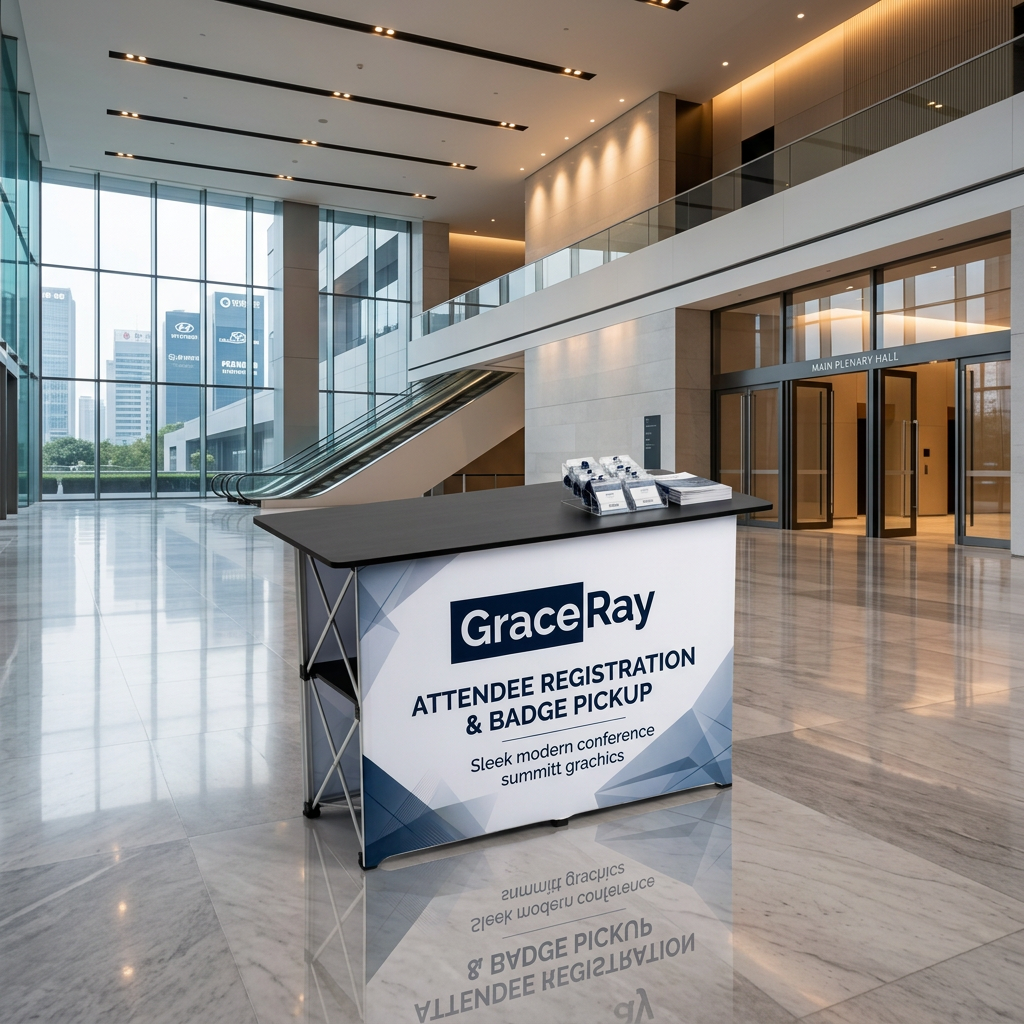 Custom event registration counter standing on marble floor at a conference entrance