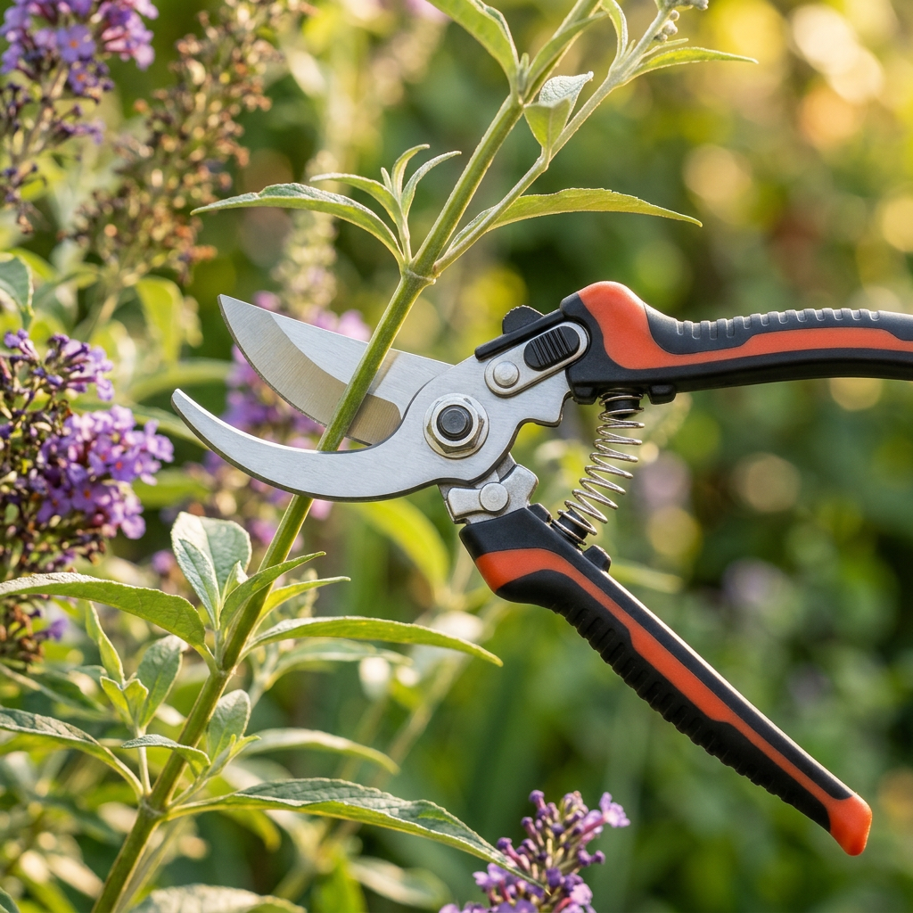 Bypass pruning shears trimming a fresh small green branch on a leafy garden shrub in bright sunlight