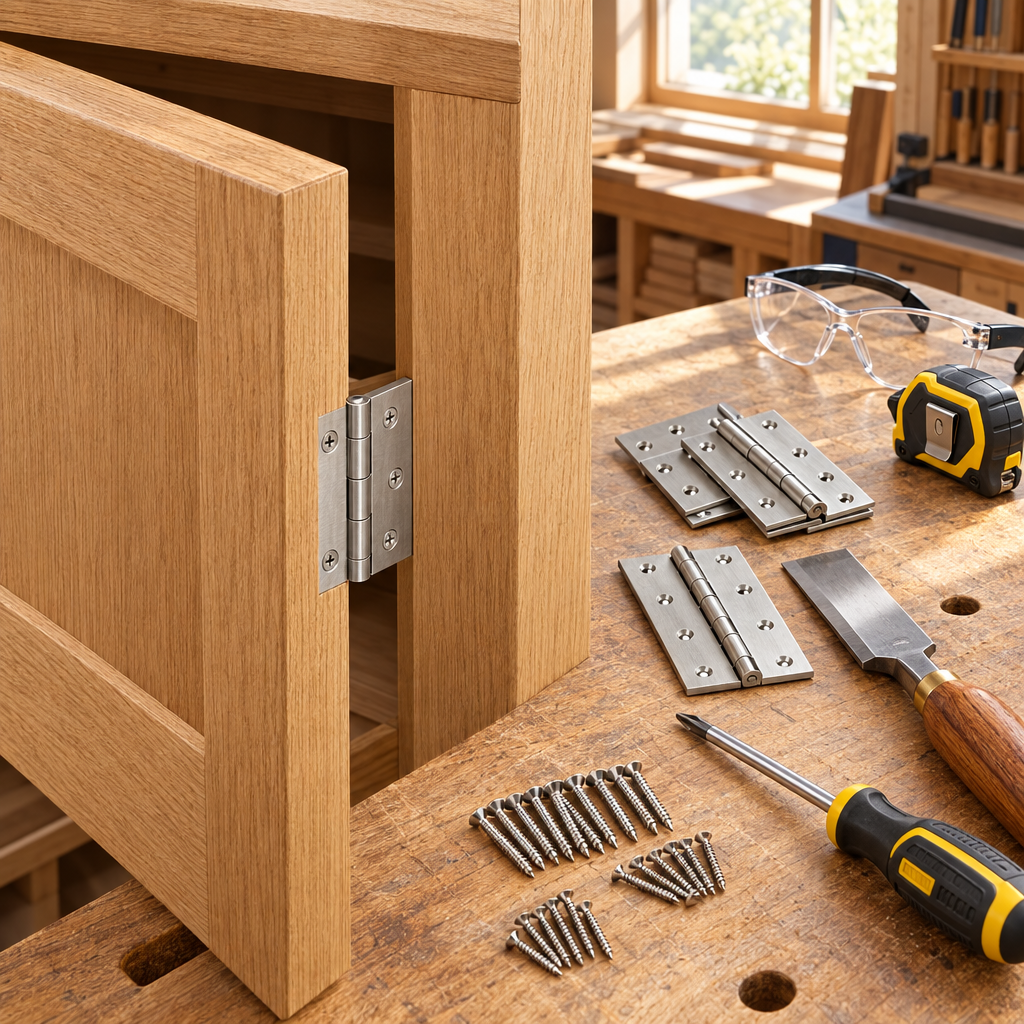 Brushed stainless steel butt hinge mortised flush connecting a solid wood cabinet door to carcass with chisel and screwdriver nearby