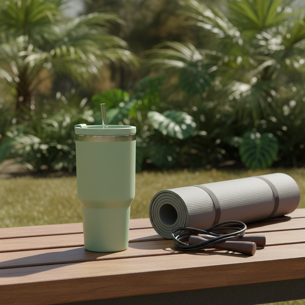 Stainless steel water tumbler with straw on outdoor park bench next to yoga mat