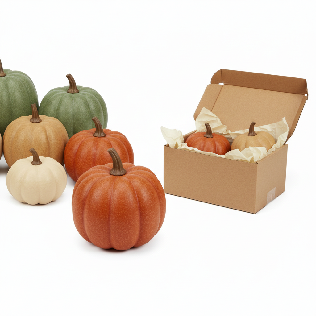 Artificial harvest pumpkins showing ribbed matte surfaces and multiple sizes with small pumpkins packed in a plain kraft storage box.