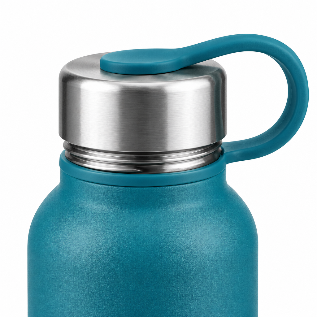 Close-up of the reusable water bottle brushed steel cap, silicone loop handle, and matte powder coating