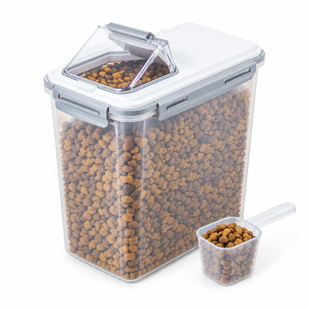 Transparent pet food storage container with dry kibble, flip-top lid, and clear measuring scoop on pure white background